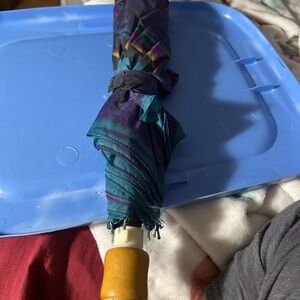 Vintage Multicolored Umbrella. Wooden Handle